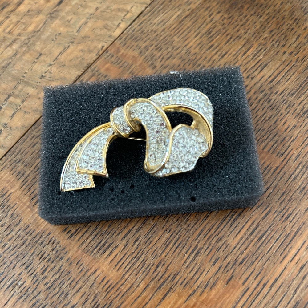 Vintage Kenneth Jay Lane Pave Rhinestone Bow Brooch with Gold Tones